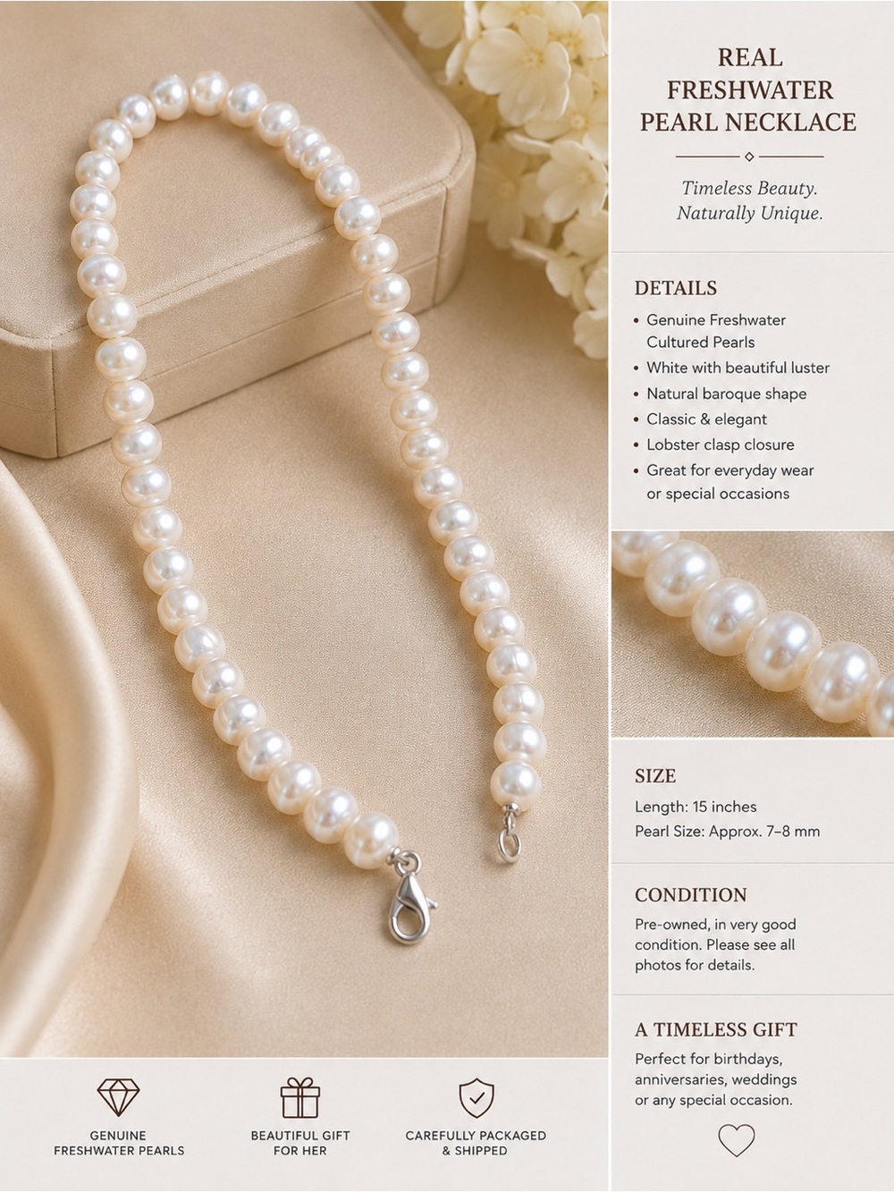 Genuine Freshwater Pearl Necklace - Classic Elegant Strand Beautiful Luster